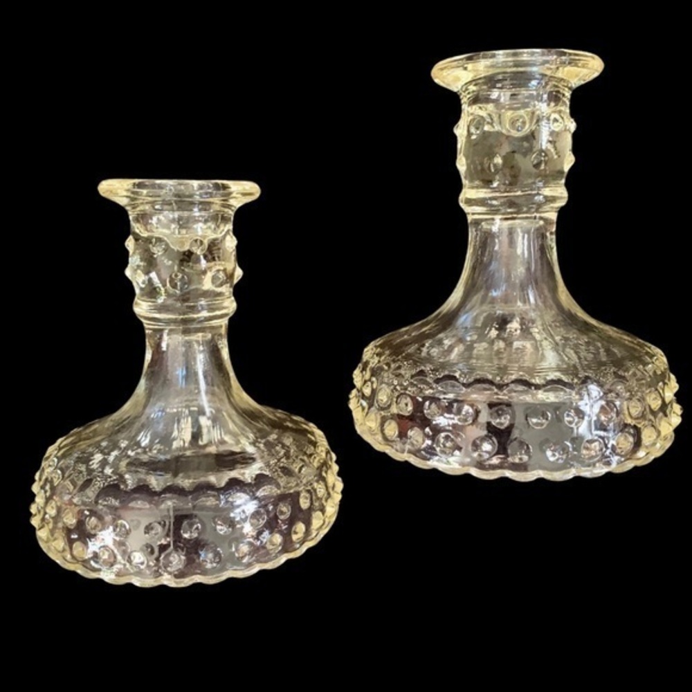 Vintage 60’s Pair L.E. Smith Yellow Glass Hobnail Candlestick Holders